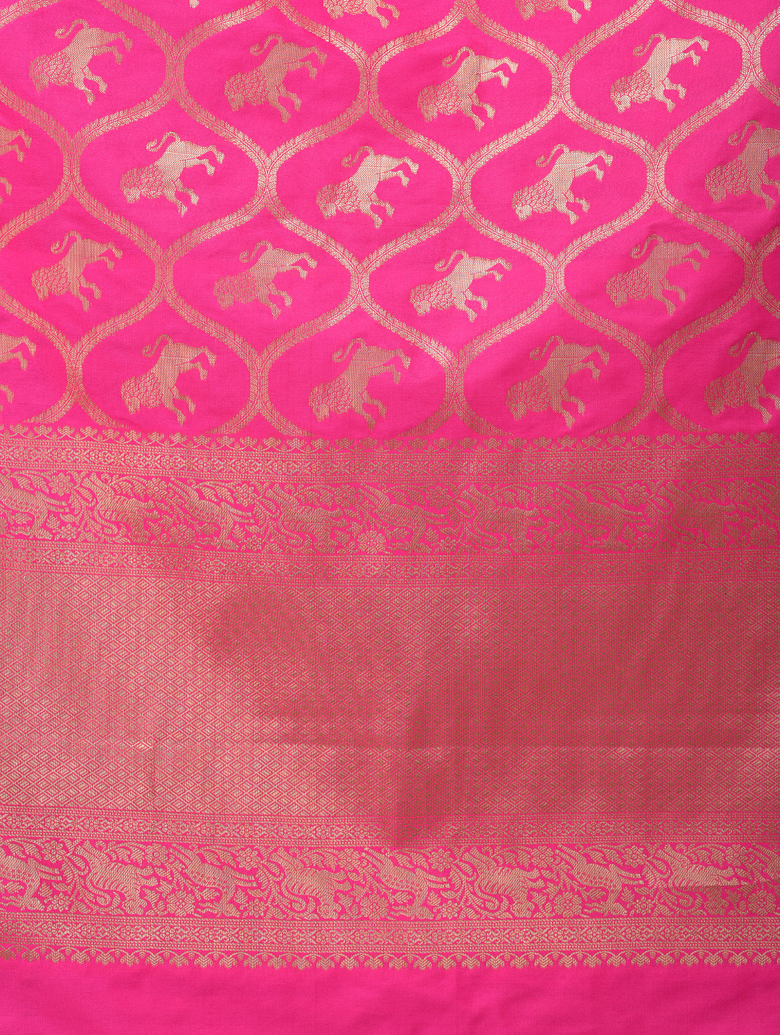 Silkfab women's Banarasi Silk Dupatta Shikargah Lion Jaal Fuchsia - SILKFAB