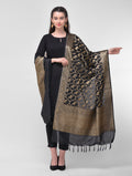 Silkfab women's Banarasi Silk Dupatta Shikargah Lion Jaal Black - SILKFAB
