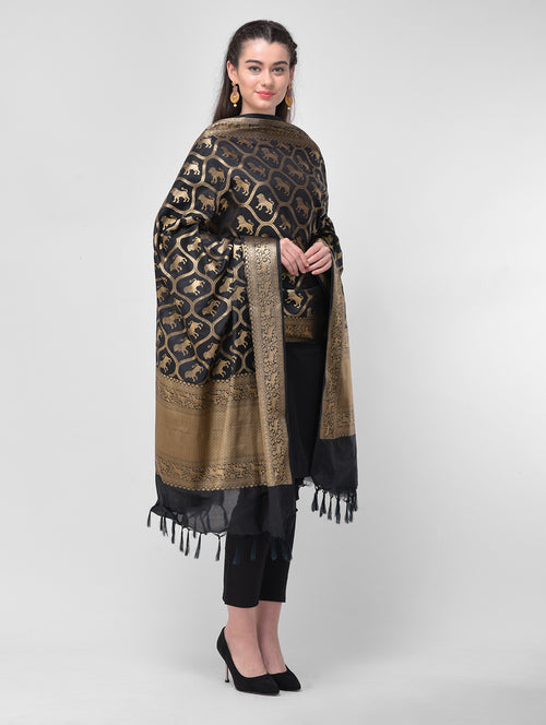 Silkfab women's Banarasi Silk Dupatta Shikargah Lion Jaal Black - SILKFAB