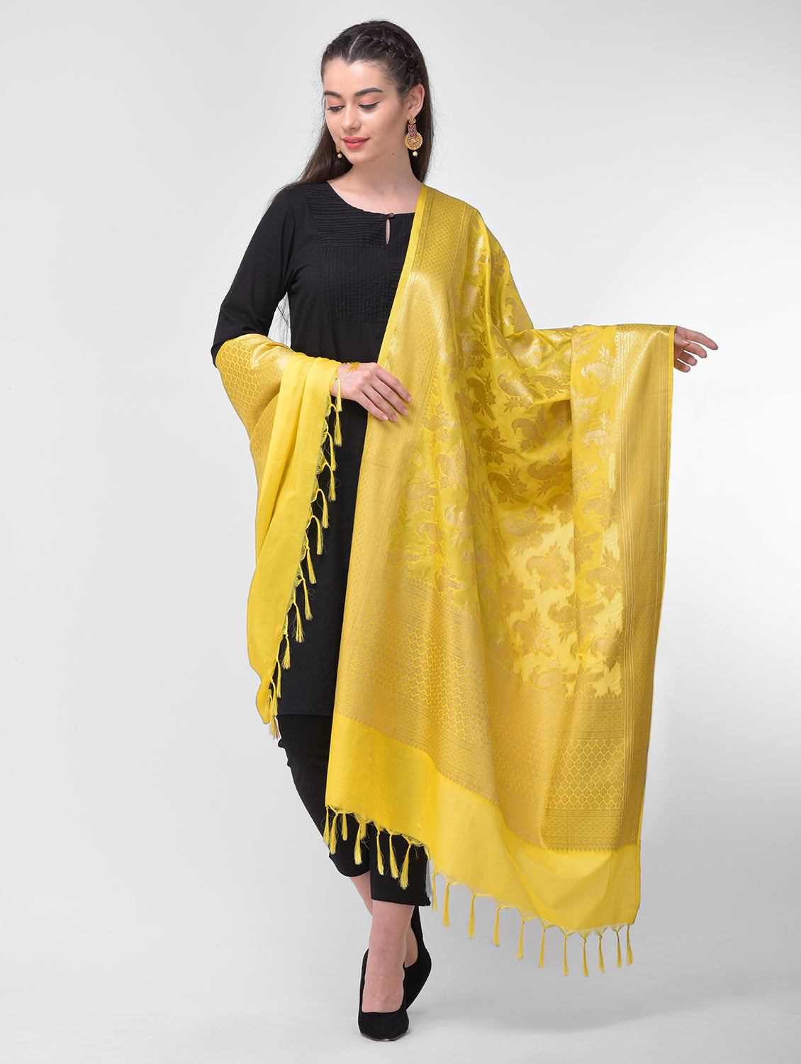 Silkfab Women's Banarasi Silk Dupatta Shikargah Cuckoo L. Yellow - SILKFAB