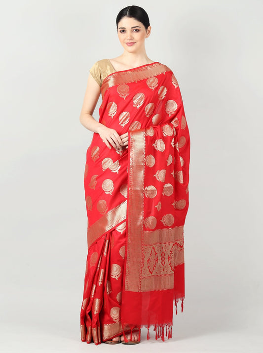 Silkfab Women's Banarasi Silk Saree Floral Genda Phool Red - SILKFAB