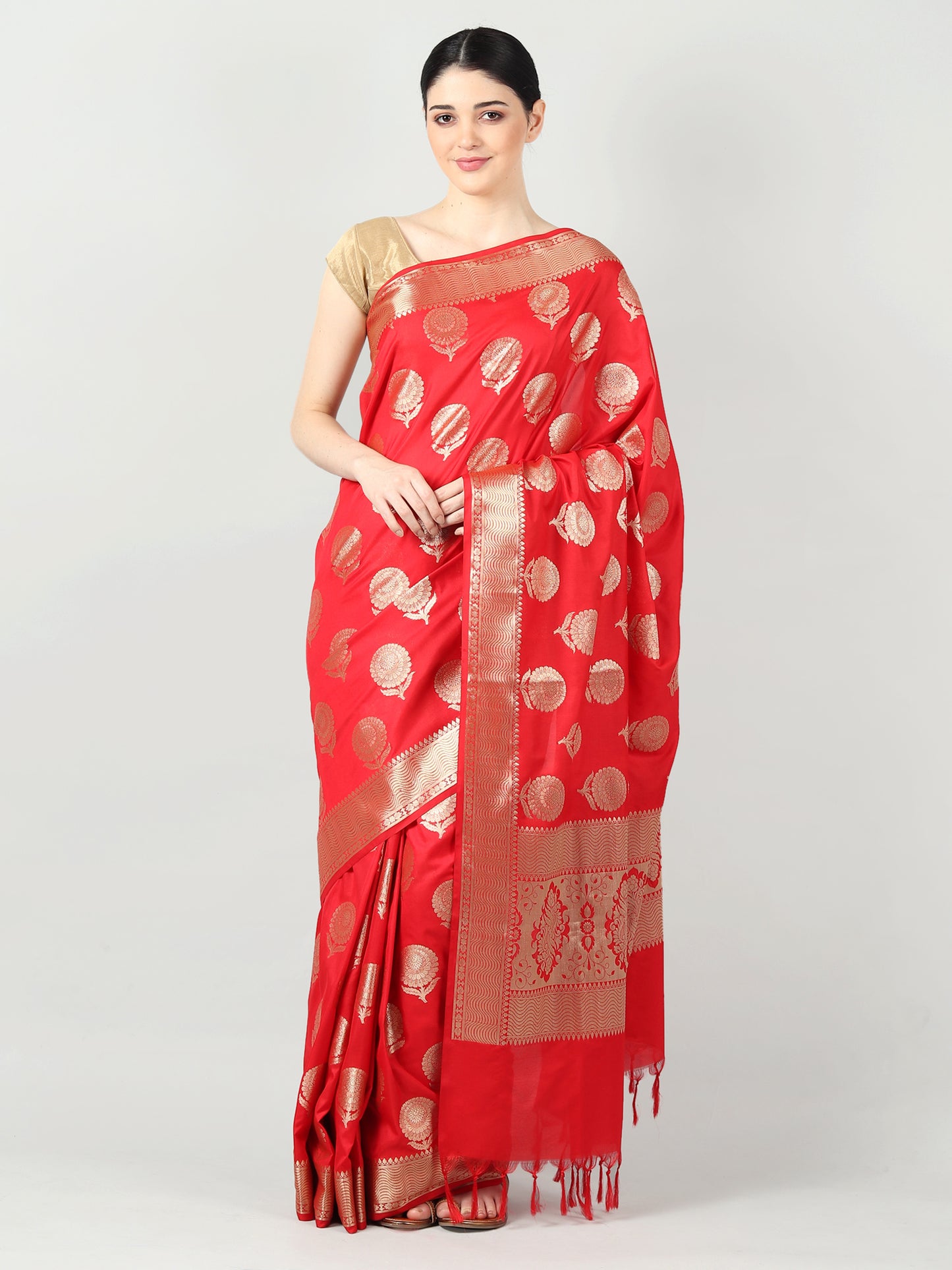 Silkfab Women's Banarasi Silk Saree Floral Genda Phool Red - SILKFAB