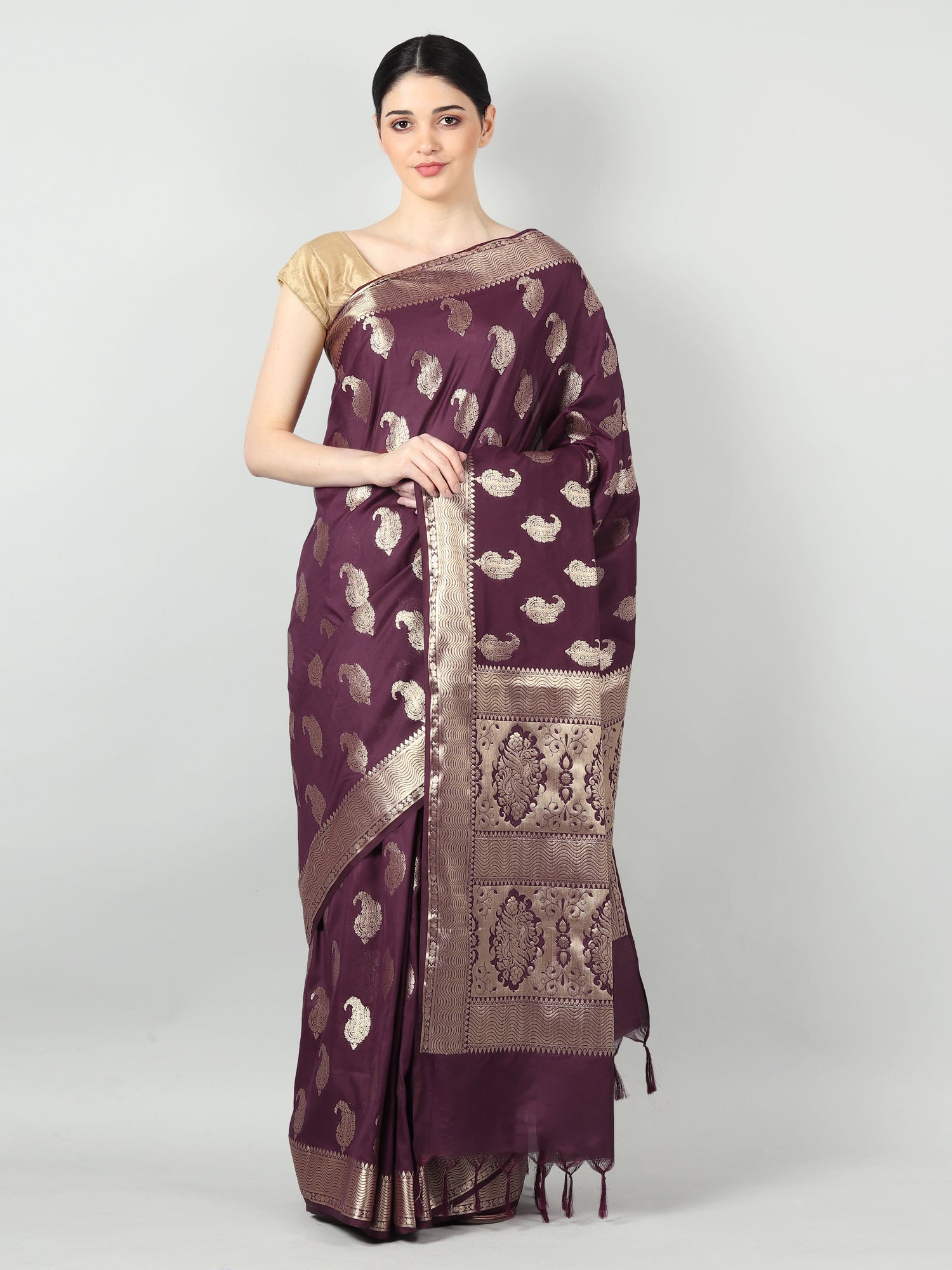 Silkfab Women's Banarasi Silk Saree Floral Paisley Wine - SILKFAB