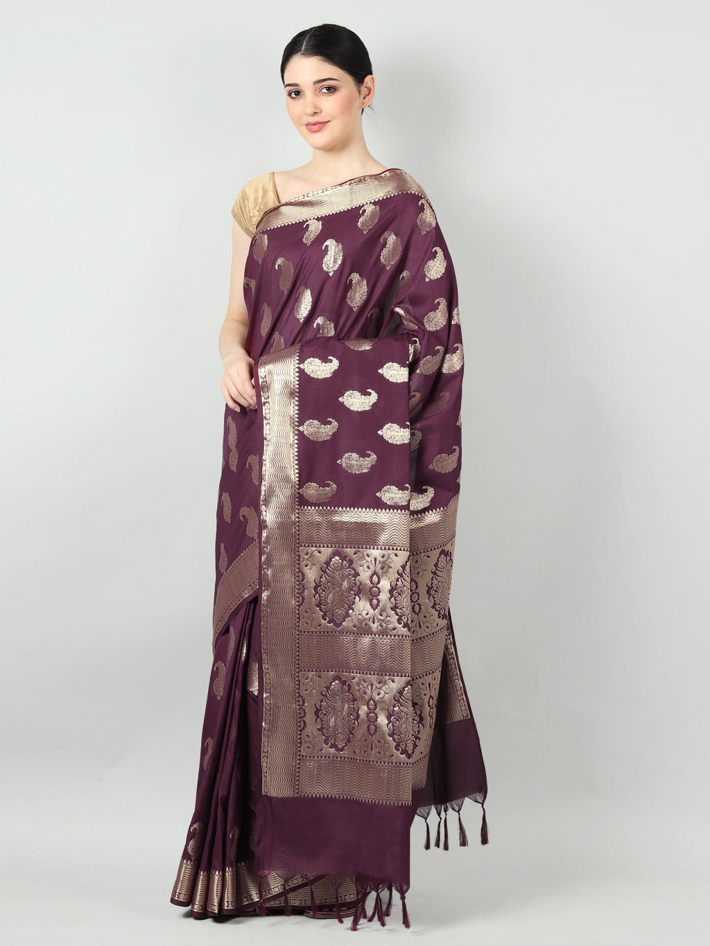 Silkfab Women's Banarasi Silk Saree Floral Paisley Wine - SILKFAB