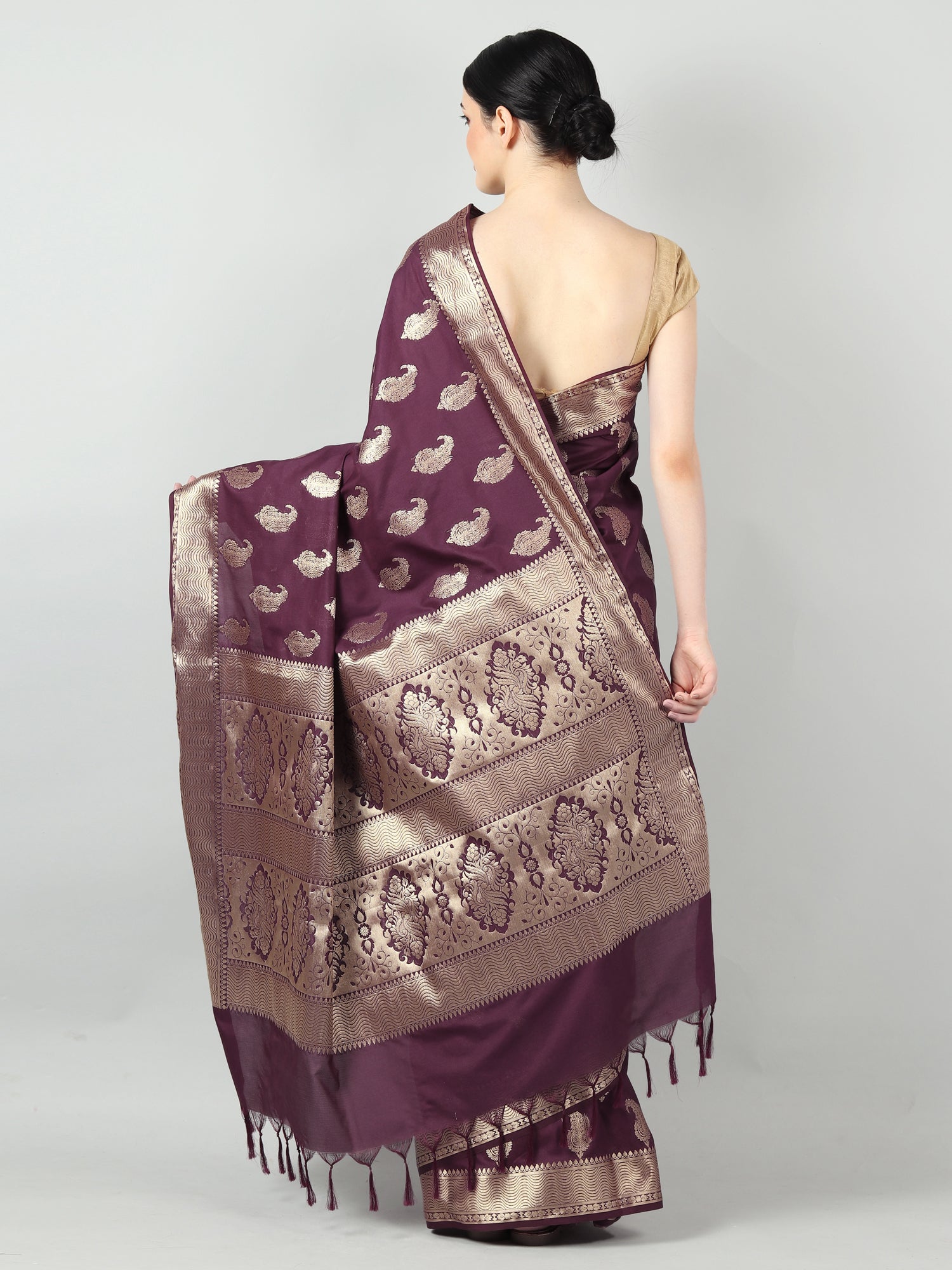 Silkfab Women's Banarasi Silk Saree Floral Paisley Wine - SILKFAB