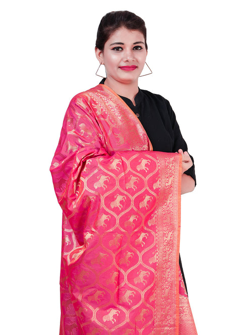 Silkfab women's Banarasi Silk Dupatta Shikargah Lion Yellow Fuchsia - SILKFAB