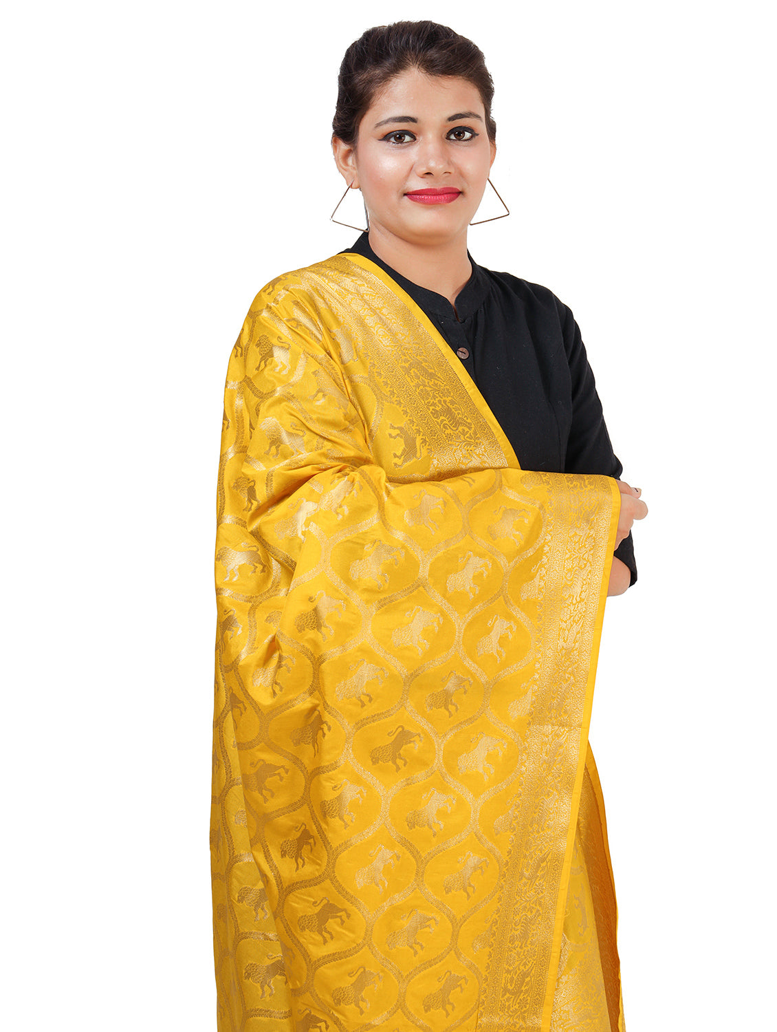 Silkfab women's Banarasi Silk Dupatta Shikargah Lion Jaal Yellow Gold - SILKFAB
