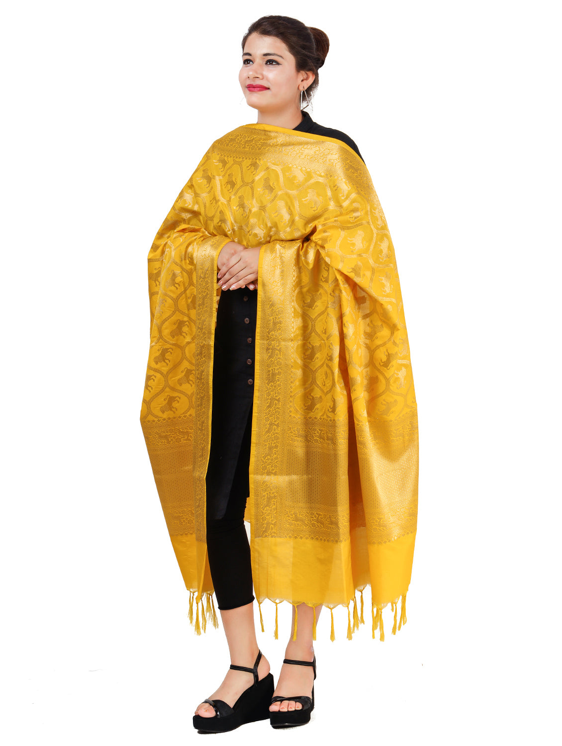 Silkfab women's Banarasi Silk Dupatta Shikargah Lion Jaal Yellow Gold - SILKFAB
