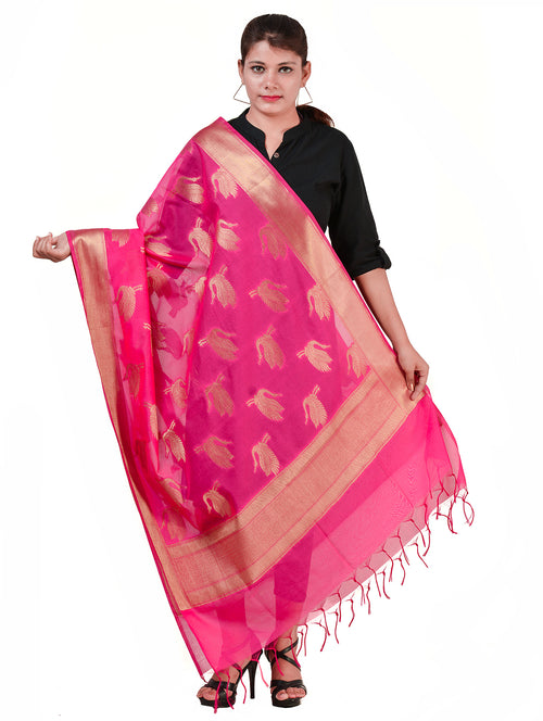 Silkfab women's Banarasi Art Silk Dupatta Shikargah Flamingo Fuchsia - SILKFAB