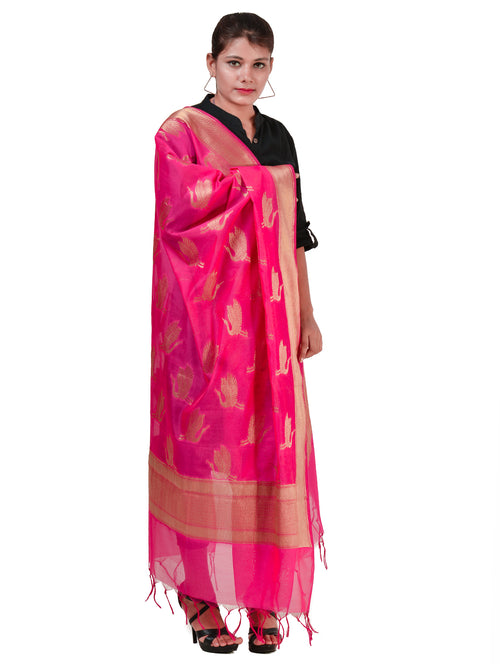 Silkfab women's Banarasi Art Silk Dupatta Shikargah Flamingo Fuchsia - SILKFAB
