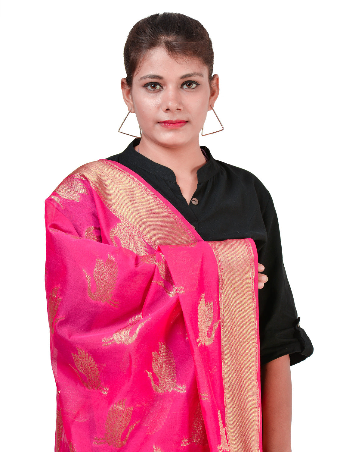 Silkfab women's Banarasi Art Silk Dupatta Shikargah Flamingo Fuchsia - SILKFAB