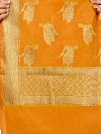 Silkfab Women's Banarasi Art Silk Dupatta Shikargah Flamingo Mustard - SILKFAB