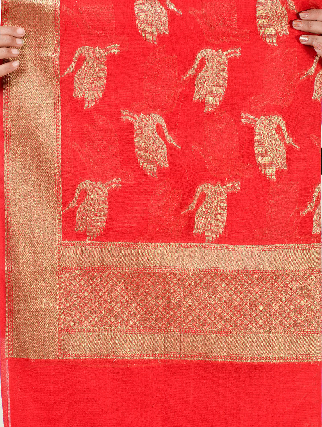 Silkfab Women's Banarasi Art Silk Dupatta Shikargah Flamingo Red - SILKFAB