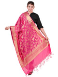 Silkfab women's Banarasi Art Silk Dupatta Shikargah Floral Bird Fuchsia - SILKFAB