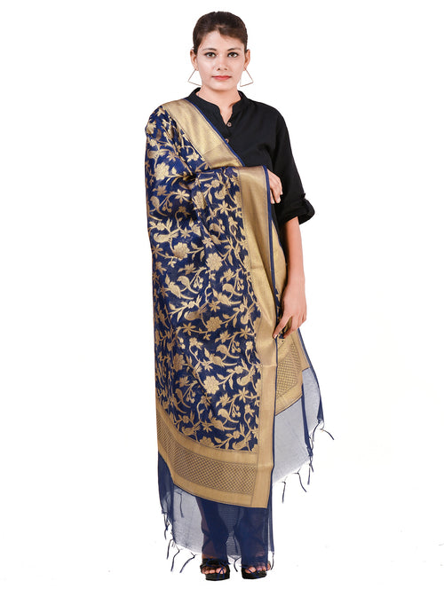 Silkfab Women's Banarasi Art Silk Dupatta Shikargah Floral Bird Blue - SILKFAB