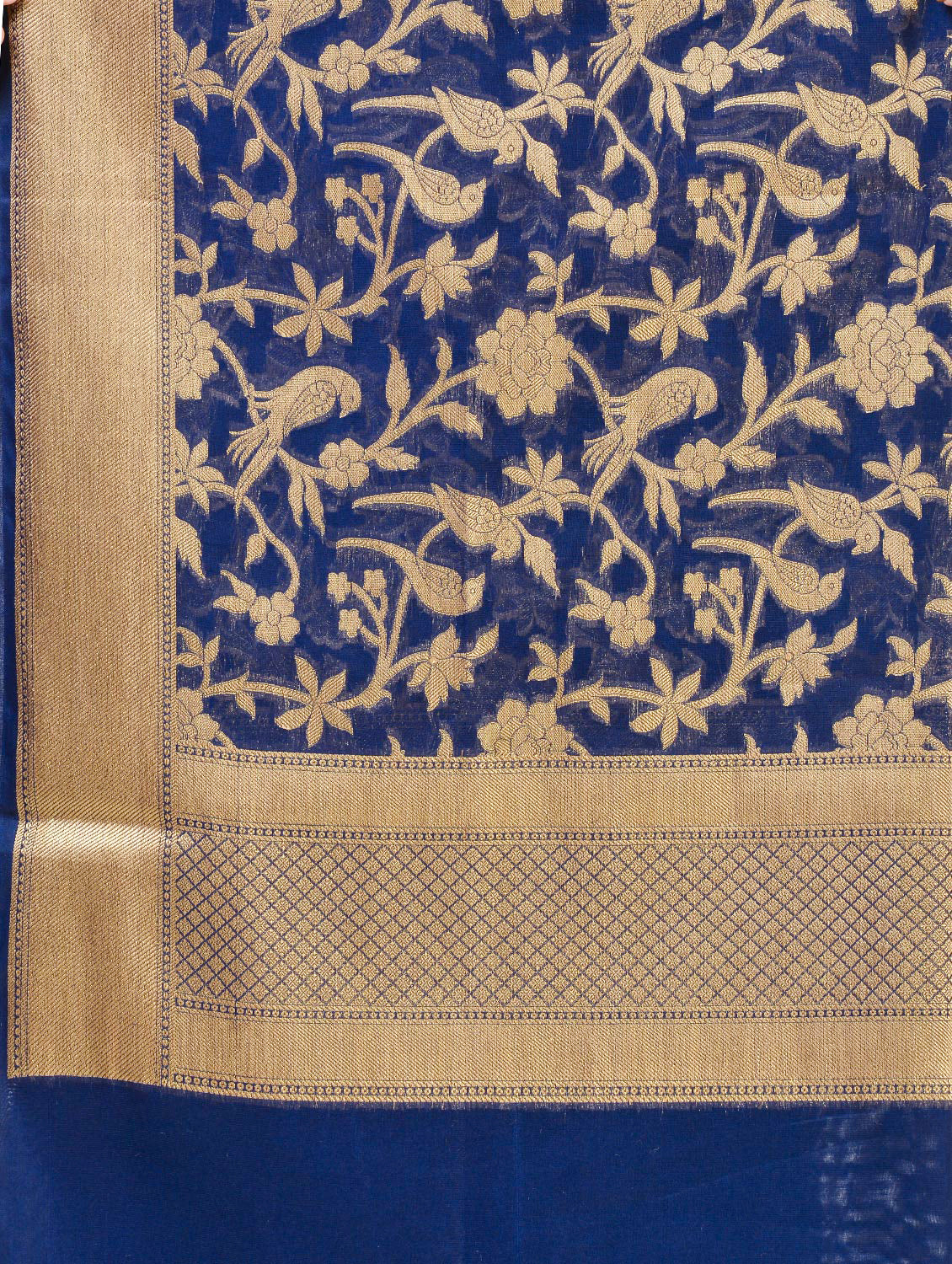 Silkfab Women's Banarasi Art Silk Dupatta Shikargah Floral Bird Blue - SILKFAB