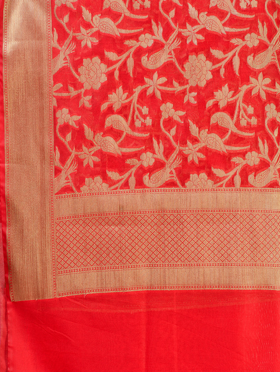 Silkfab women's Banarasi Art Silk Dupatta Shikargah Floral Bird Red - SILKFAB