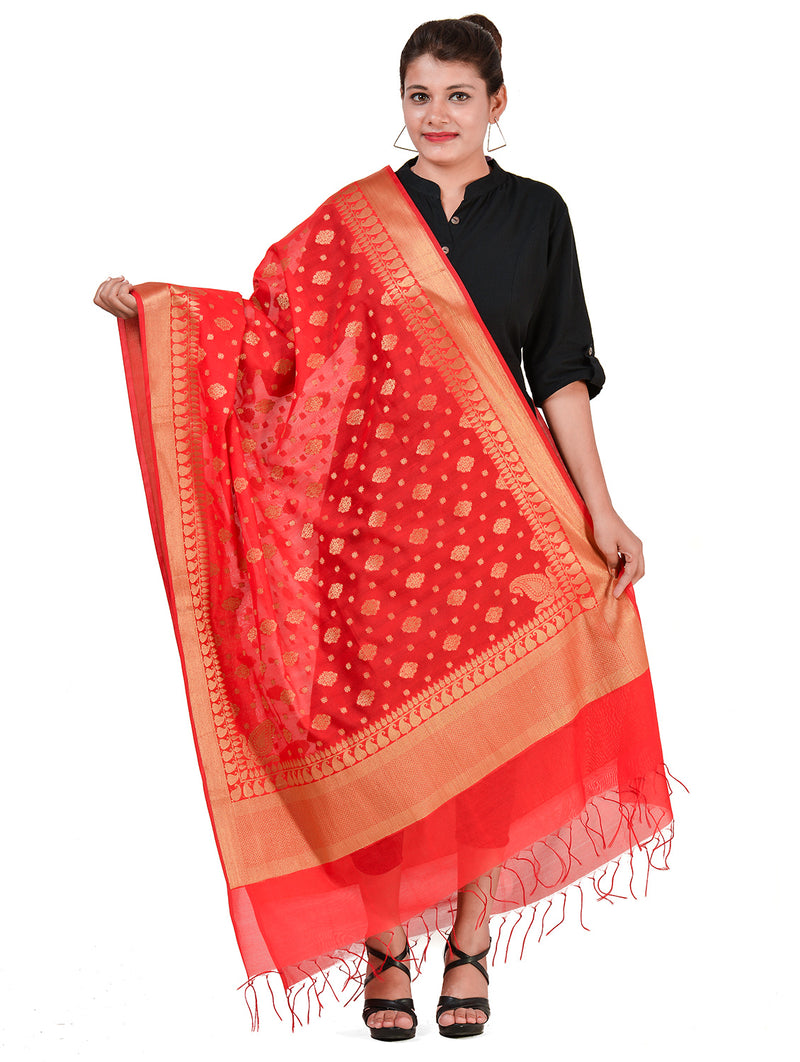 Silkfab women's Banarasi Art Silk Dupatta Floral Konia Boota Red - SILKFAB