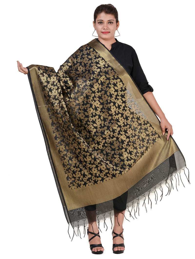 Silkfab women's Banarasi Art Silk Dupatta Floral Small Jaal Black - SILKFAB