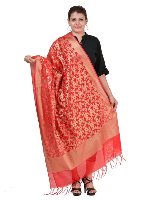 Silkfab women's Banarasi Art Silk Dupatta Floral Small Jaal Red - SILKFAB