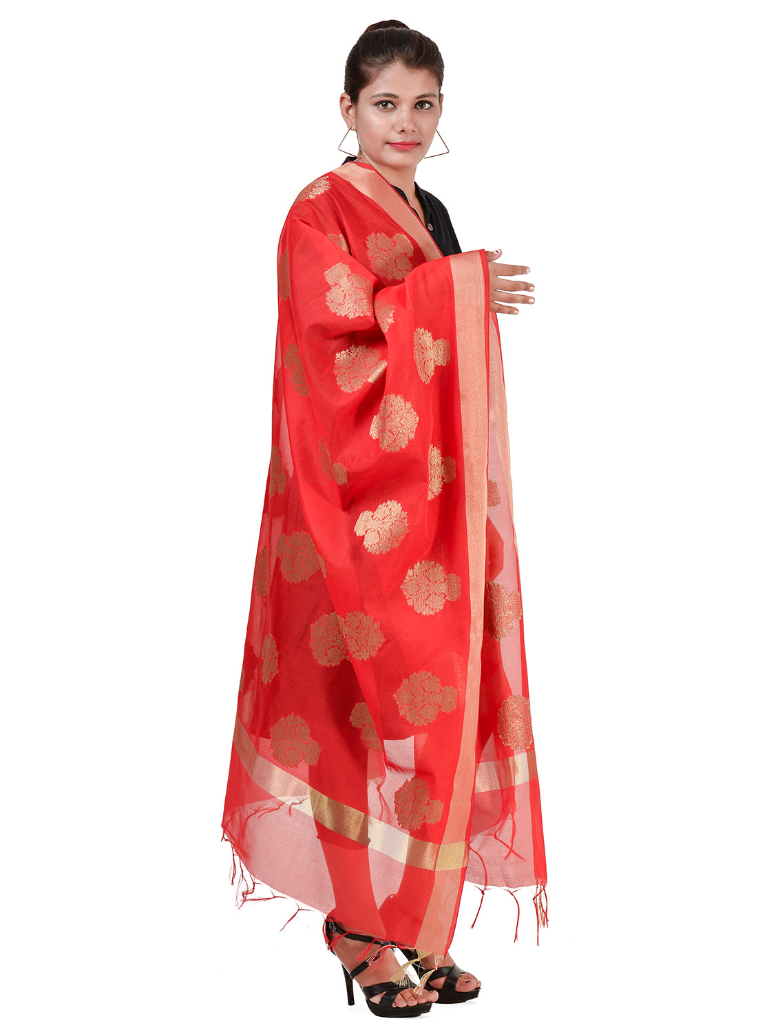 Silkfab Women's Banarasi Art Silk Dupatta Floral Vase Red - SILKFAB