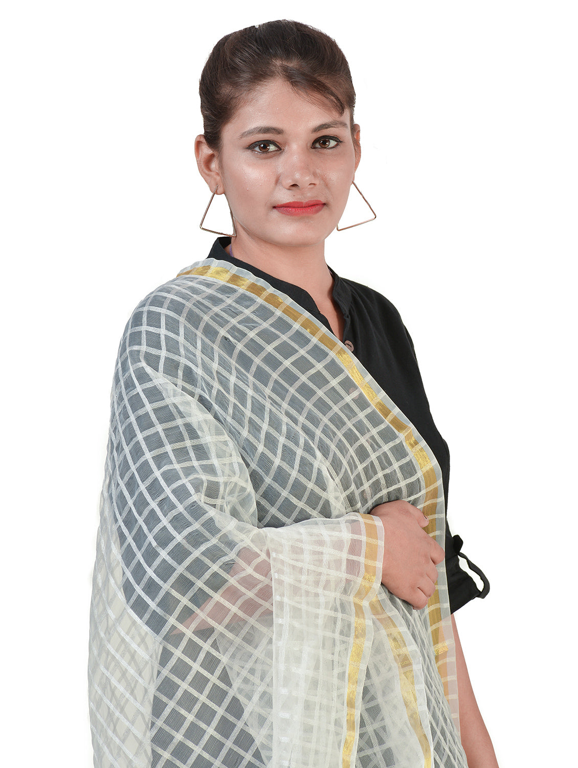 Silkfab women's Banarasi Art Silk Dupatta Check Zari Border White - SILKFAB