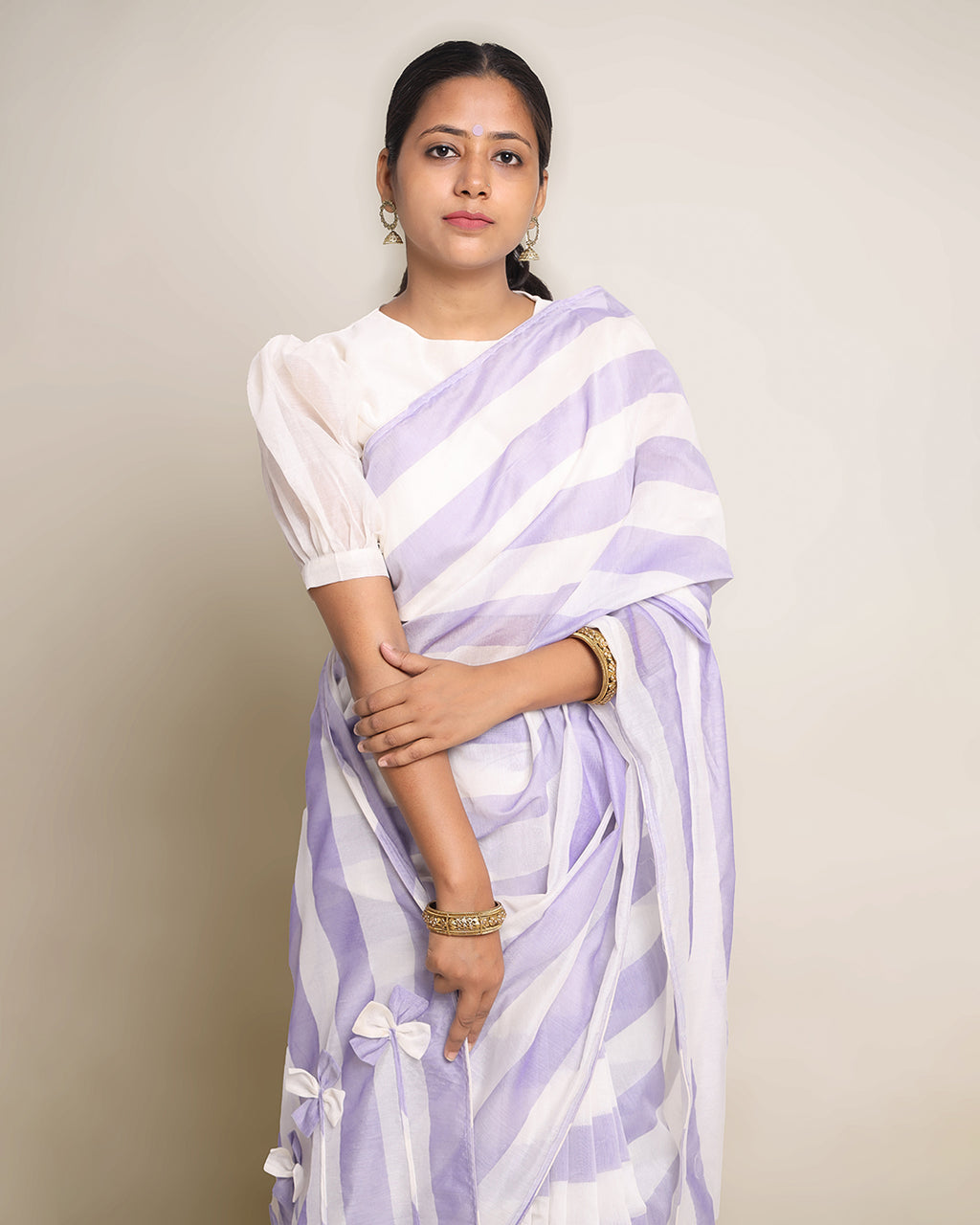 Silk Cotton Saree Mercerized Blue White Stripe Handcrafted Designer - SILKFAB