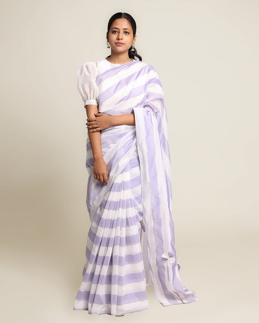 Silk Cotton Saree Mercerized Blue White Stripe Handcrafted Designer - SILKFAB