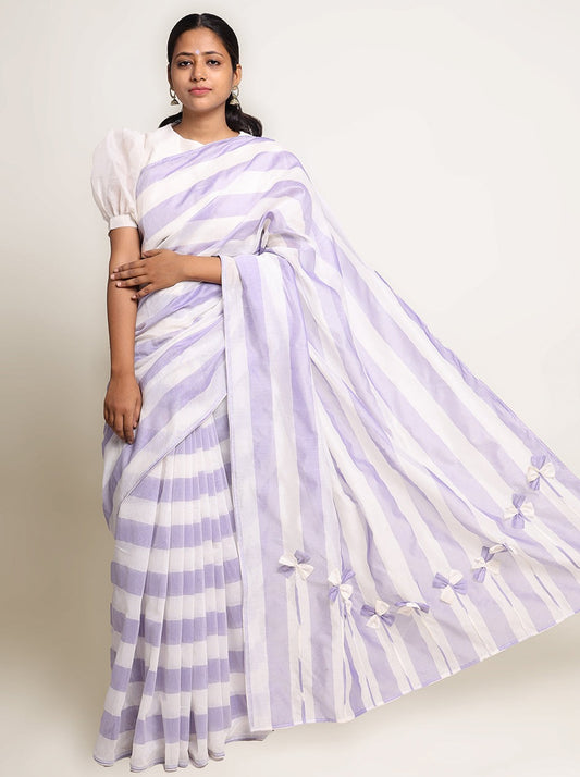 Silk Cotton Saree Mercerized Blue White Stripe Handcrafted Designer - SILKFAB