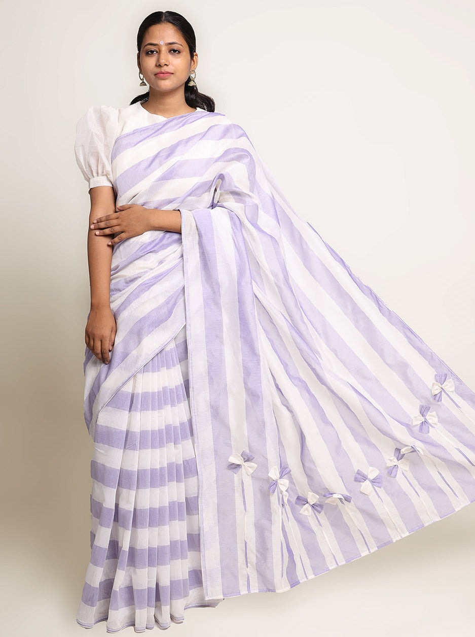 Silk Cotton Saree Mercerized Blue White Stripe Handcrafted Designer - SILKFAB