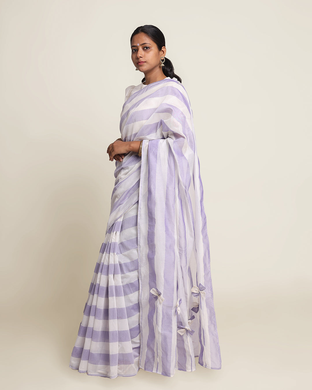 Silk Cotton Saree Mercerized Blue White Stripe Handcrafted Designer - SILKFAB