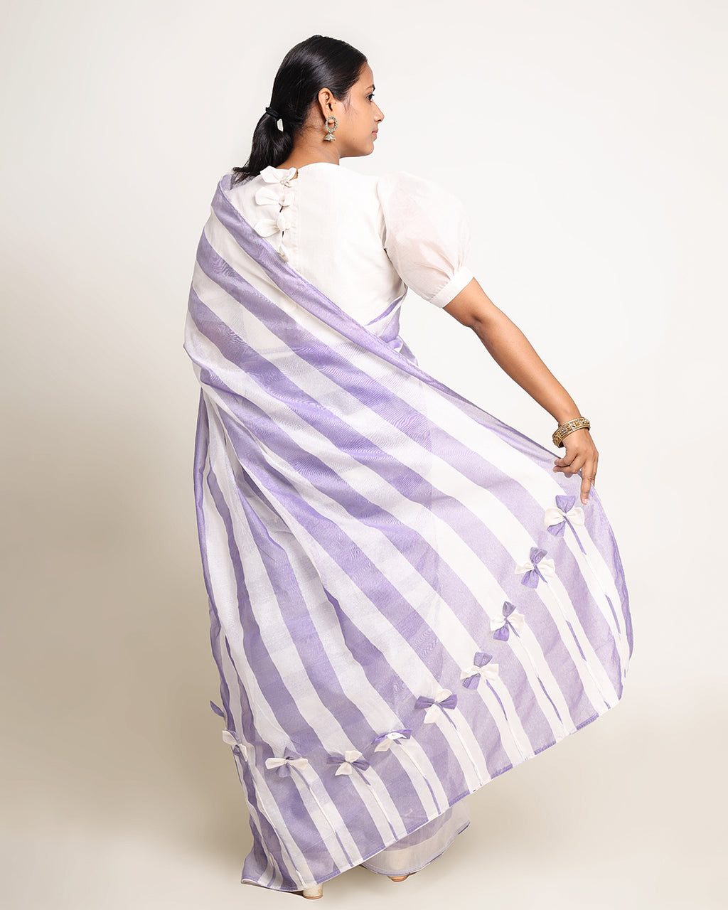 Silk Cotton Saree Mercerized Blue White Stripe Handcrafted Designer - SILKFAB