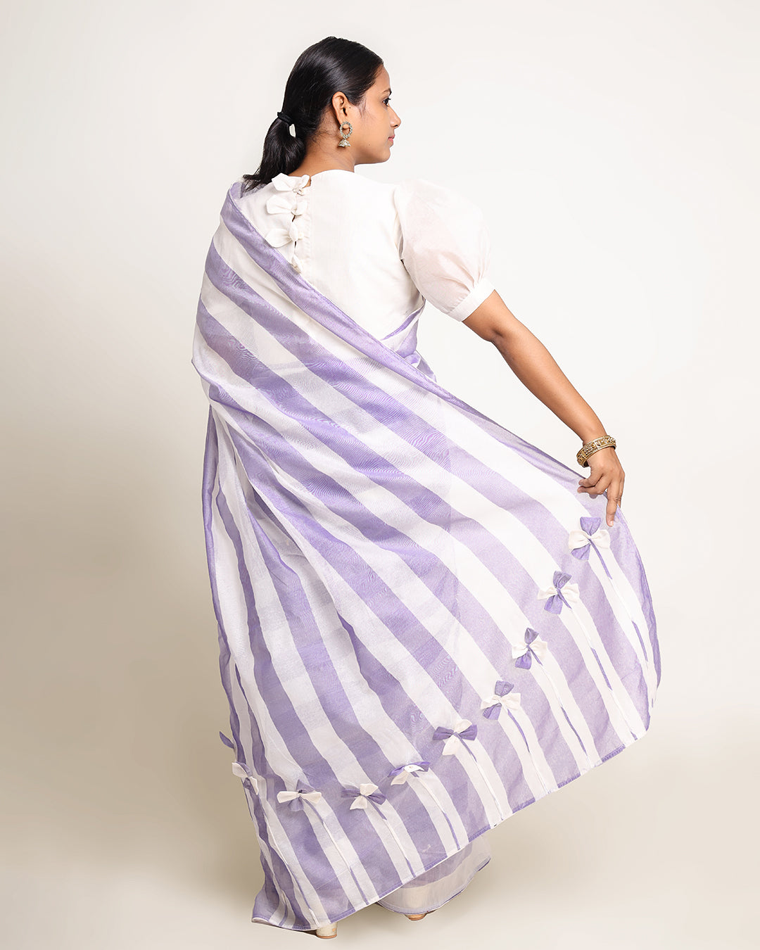 Silk Cotton Saree Mercerized Blue White Stripe Handcrafted Designer - SILKFAB