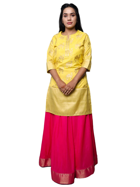 Silkfab Women's Banarasi Silk Kurta Camel Yellow - SILKFAB