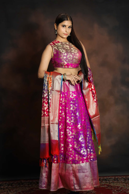 Silk Lehenga Set Woven Authentic Banarasi Multi Color Silkfab