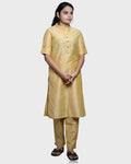 Silkfab Women's Banarasi Silk Beige Solid Kurti Pant Set - SILKFAB