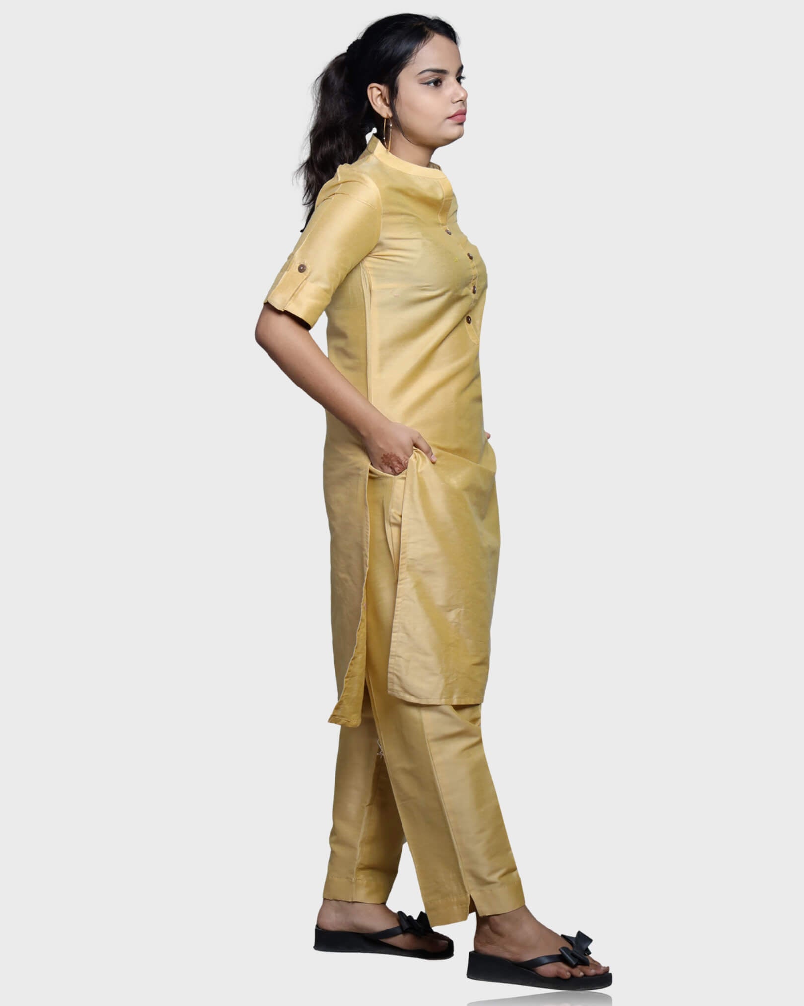 Silkfab Women's Banarasi Silk Beige Solid Kurti Pant Set - SILKFAB