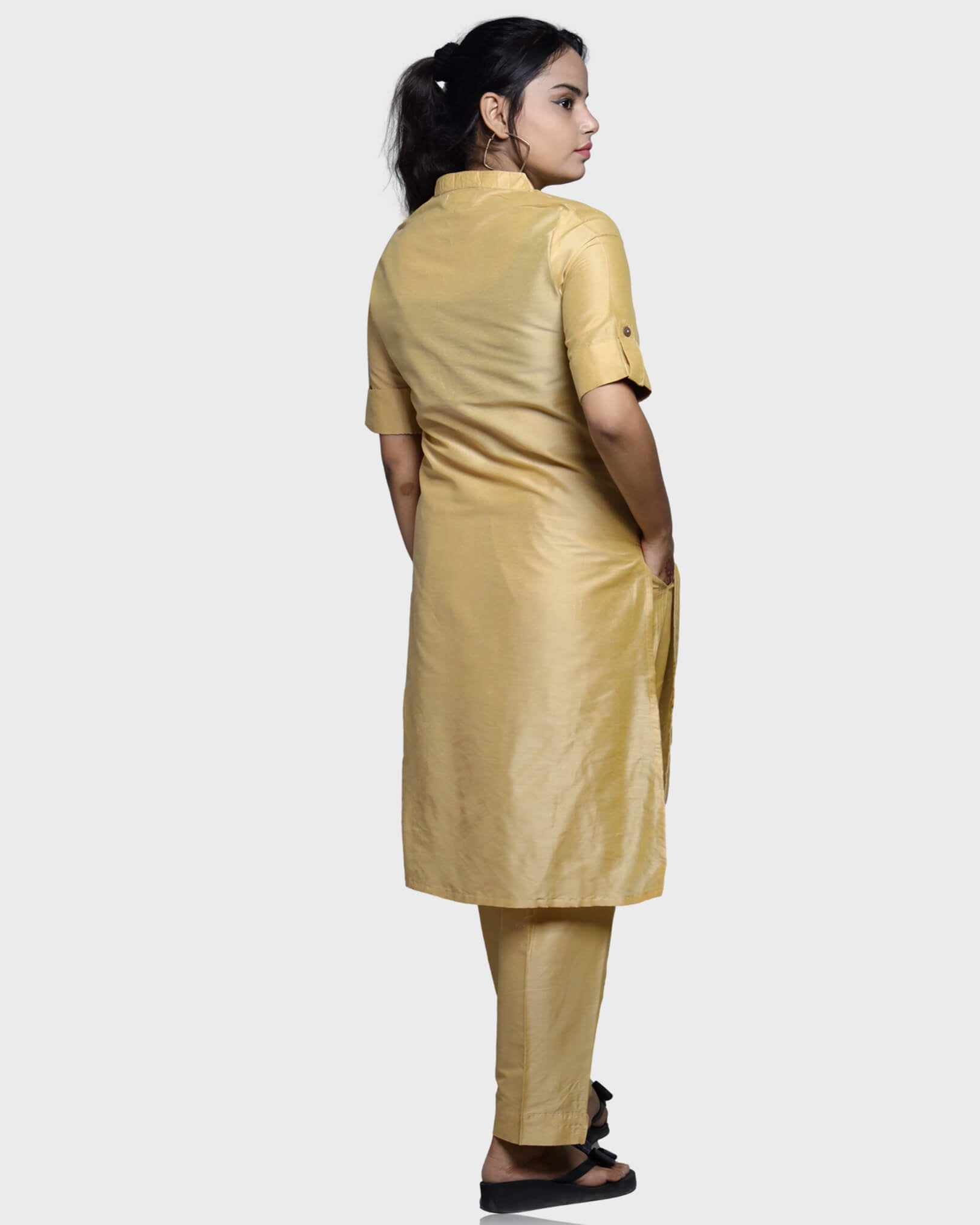 Silkfab Women's Banarasi Silk Beige Solid Kurti Pant Set - SILKFAB