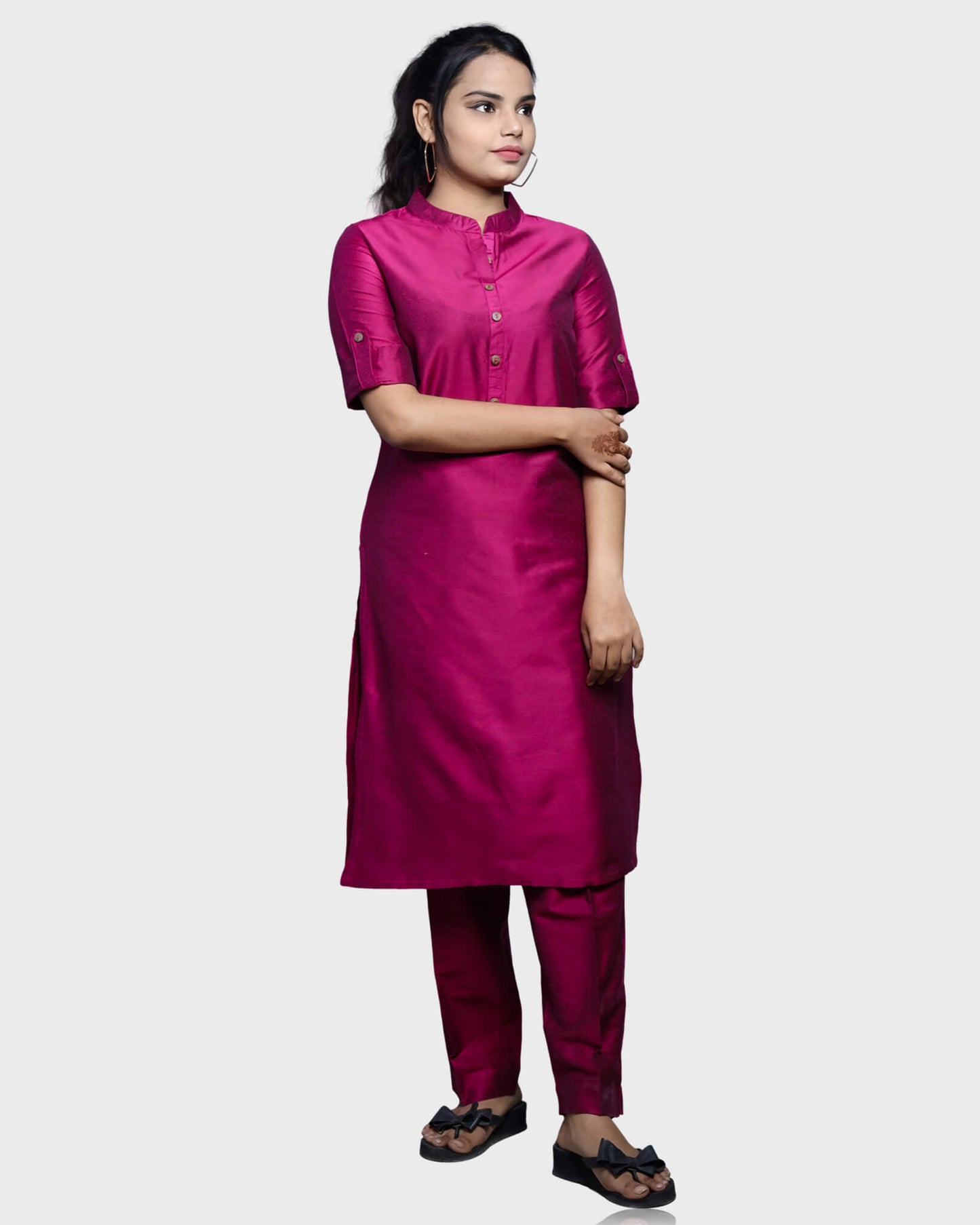 Silkfab Women's Banarasi Silk Fuchsia Solid Kurti Pant Set - SILKFAB