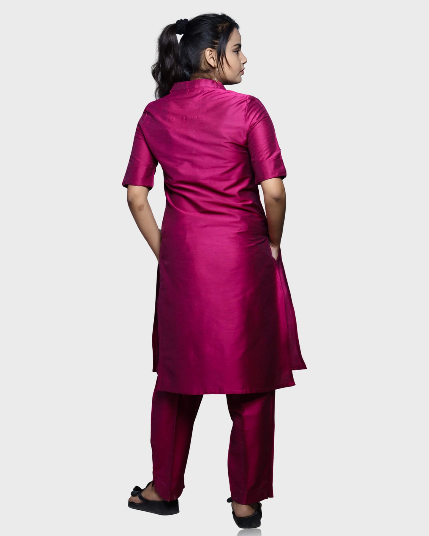 Silkfab Women's Banarasi Silk Fuchsia Solid Kurti Pant Set - SILKFAB