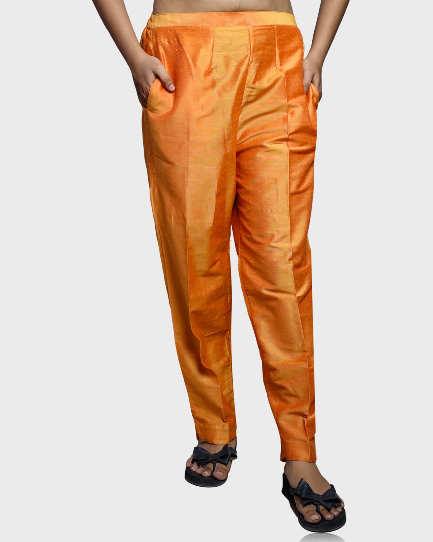 Silkfab Women's Banarasi Silk Orange Gold Solid Kurti Pant Set - SILKFAB