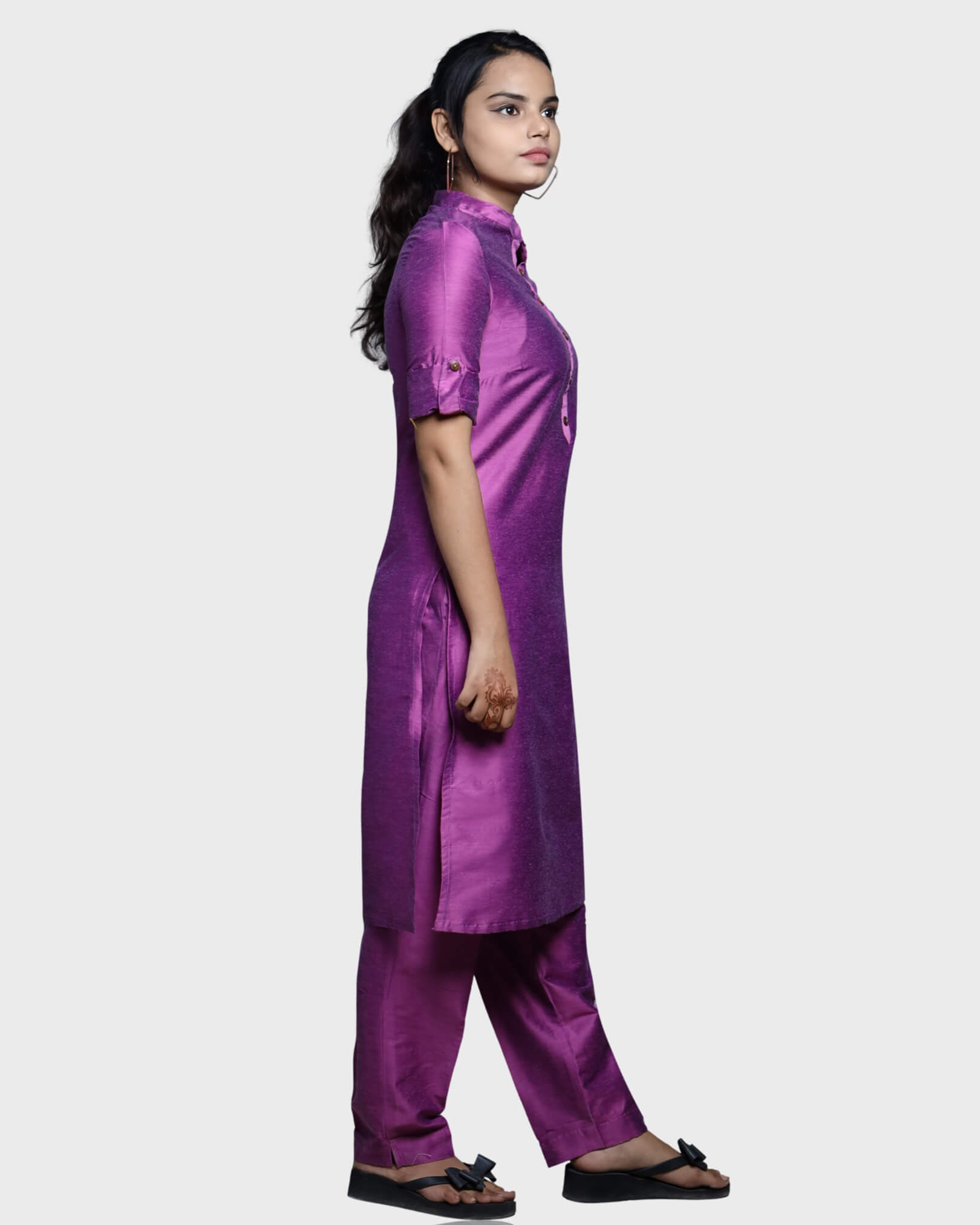 Silkfab Women's Banarasi Silk Magenta Solid Kurti Pant Set - SILKFAB