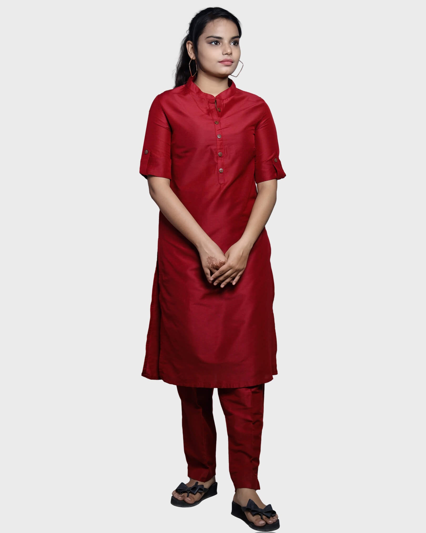 Silkfab Women's Banarasi Silk Maroon Solid Kurti Pant Set SILKFAB