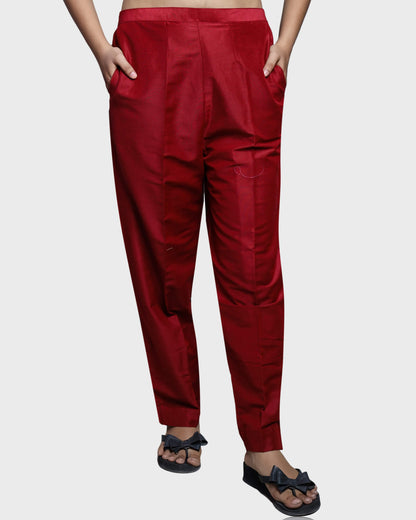 Silkfab Women's Banarasi Silk Maroon Solid Kurti Pant Set - SILKFAB