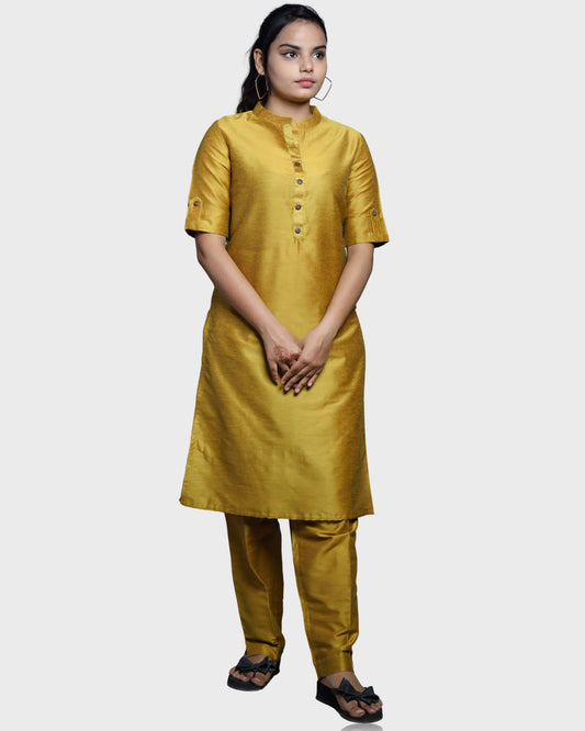 Silkfab Women's Banarasi Silk Mustard Solid Kurti Pant Set - SILKFAB