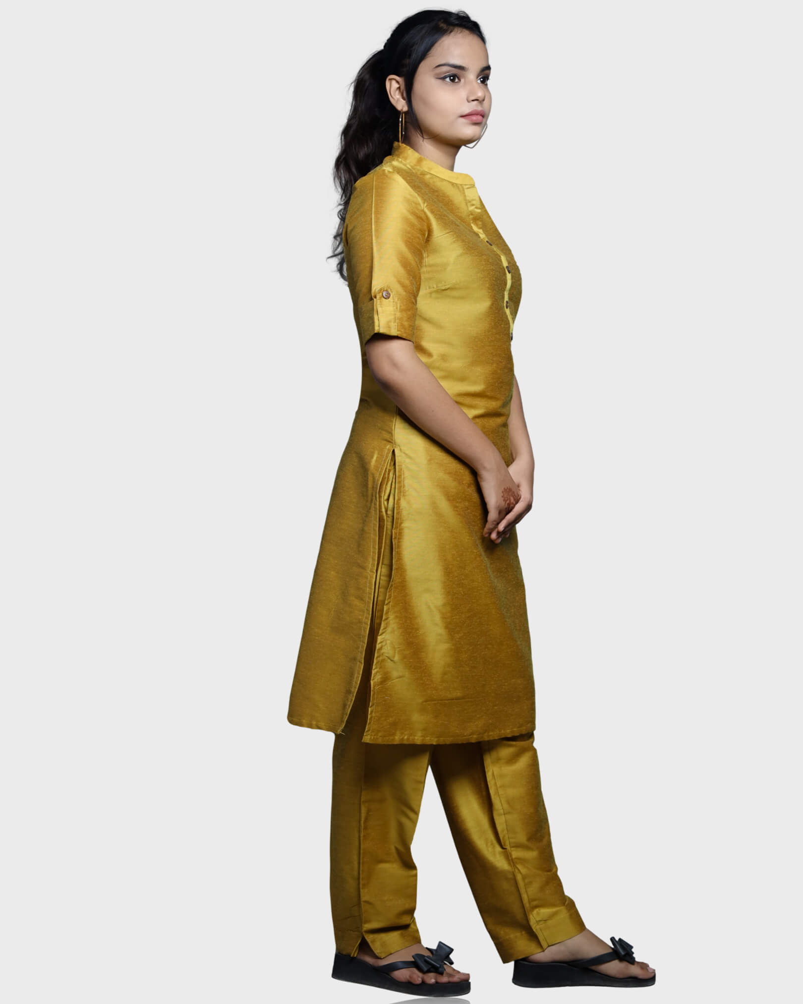 Silkfab Women's Banarasi Silk Mustard Solid Kurti Pant Set - SILKFAB