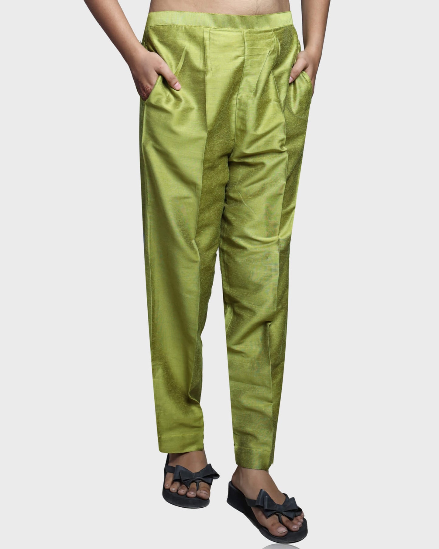 Silkfab Women's Banarasi Silk Pista Green Solid Kurti Pant Set - SILKFAB