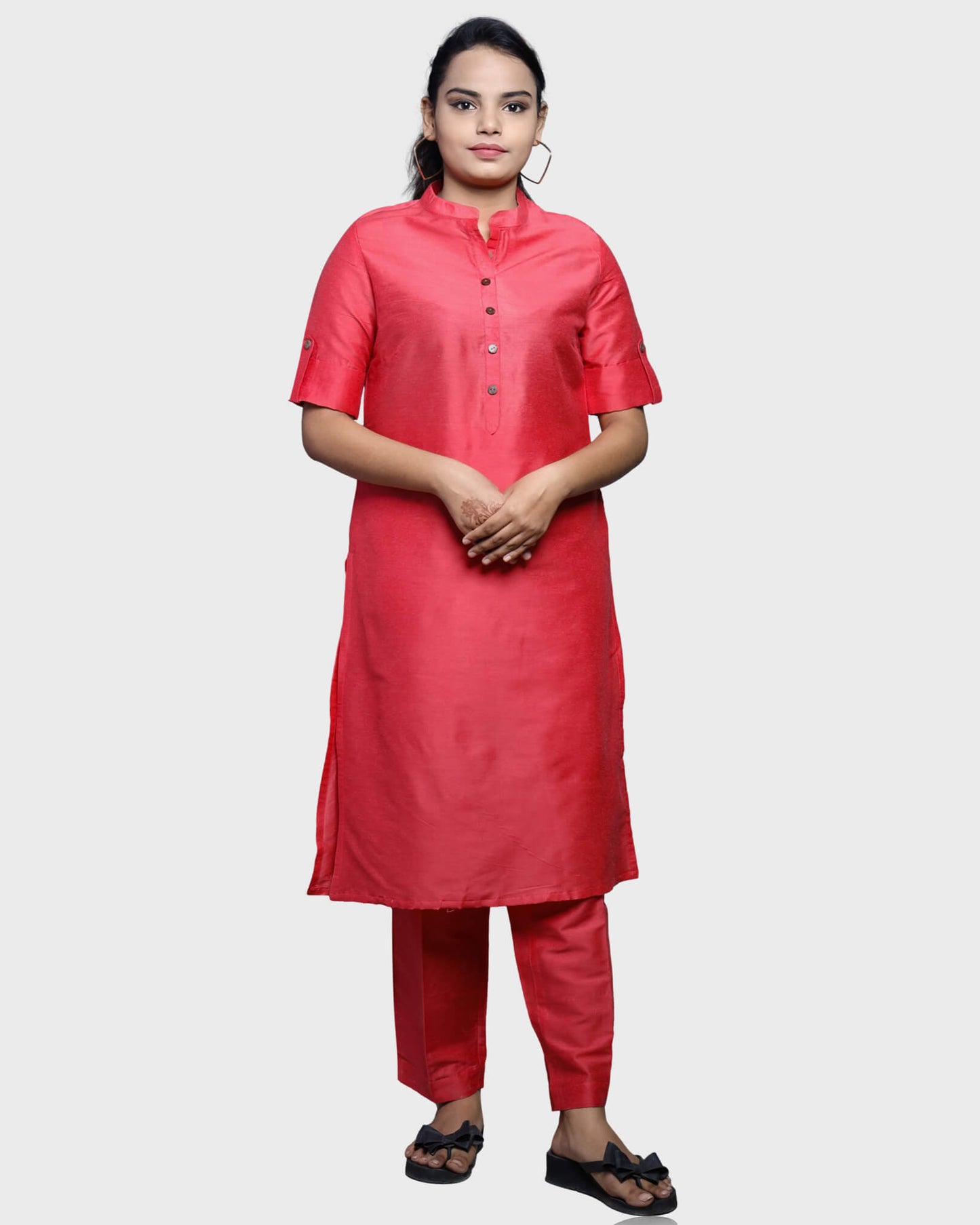 Silkfab Women's Banarasi Silk Strawberry Solid Kurti Pant Set - SILKFAB