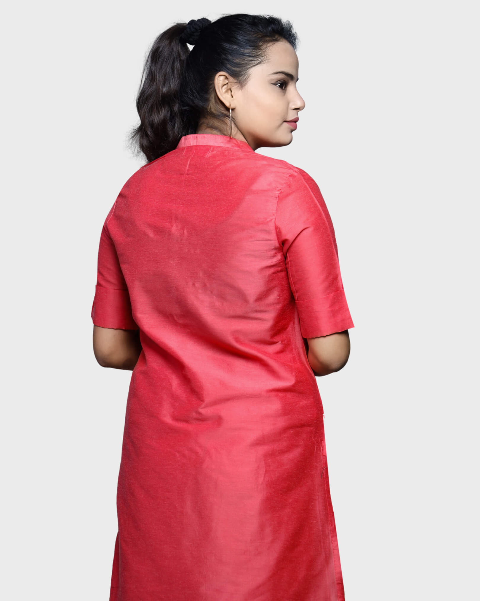 Silkfab Women's Banarasi Silk Strawberry Solid Kurti Pant Set - SILKFAB