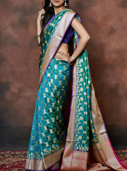 Handloom Banana Silk Saree Sapphire Green Contrast Pallu